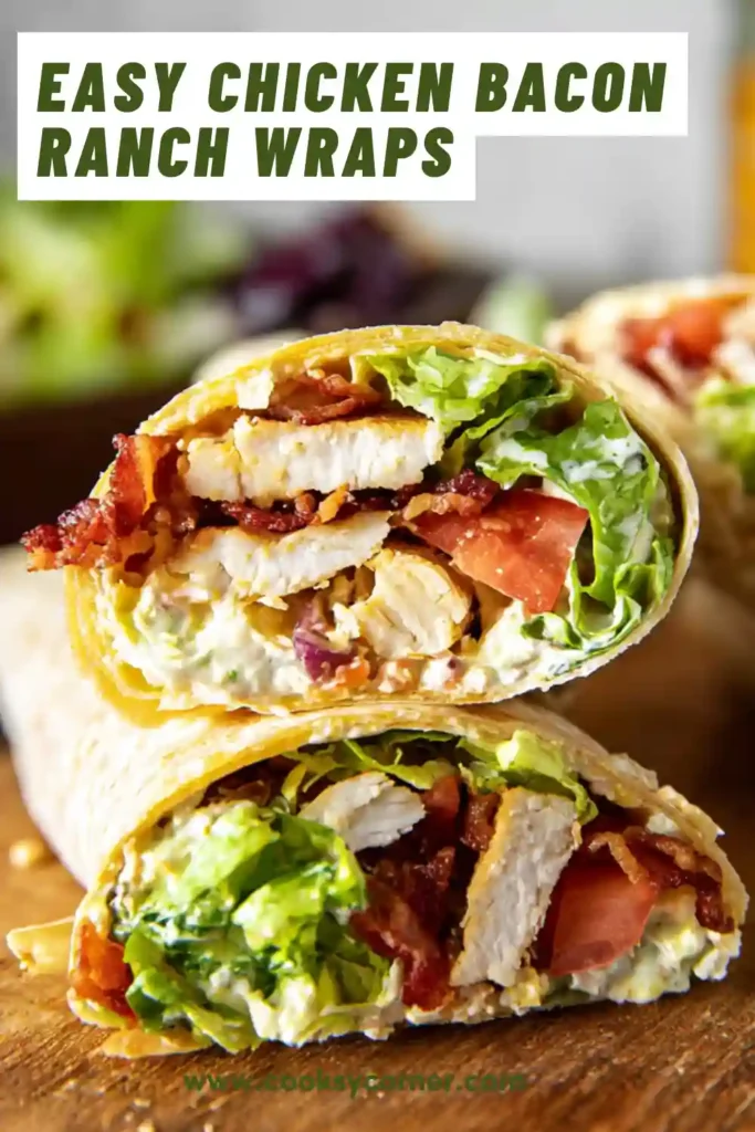 Chicken Bacon Ranch Wraps filled with juicy sliced chicken, turkey bacon, crisp lettuce, tomatoes, cheese, and creamy ranch dressing wrapped in a soft tortilla.