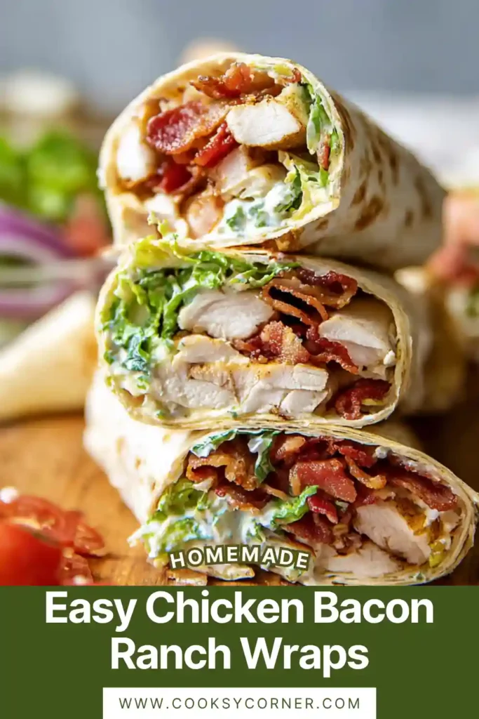 Close-up view of homemade Chicken Bacon Ranch Wraps sliced in half and packed with marinated chicken, melted cheese, fresh vegetables, and ranch sauce.