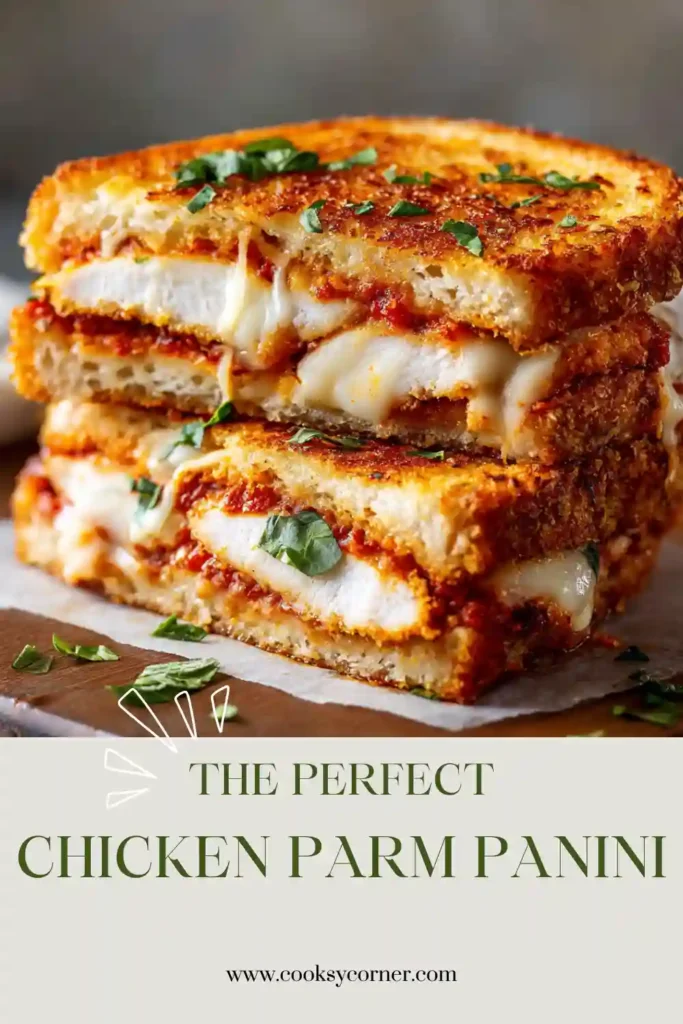 A crispy Chicken Parm Panini filled with grilled chicken, marinara sauce, and melted mozzarella cheese. The sandwich is toasted until golden brown and served warm.