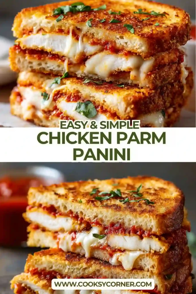 Close-up of a Chicken Parm Panini sliced in half, revealing layers of juicy chicken, fresh mozzarella, and rich marinara sauce inside toasted ciabatta bread.