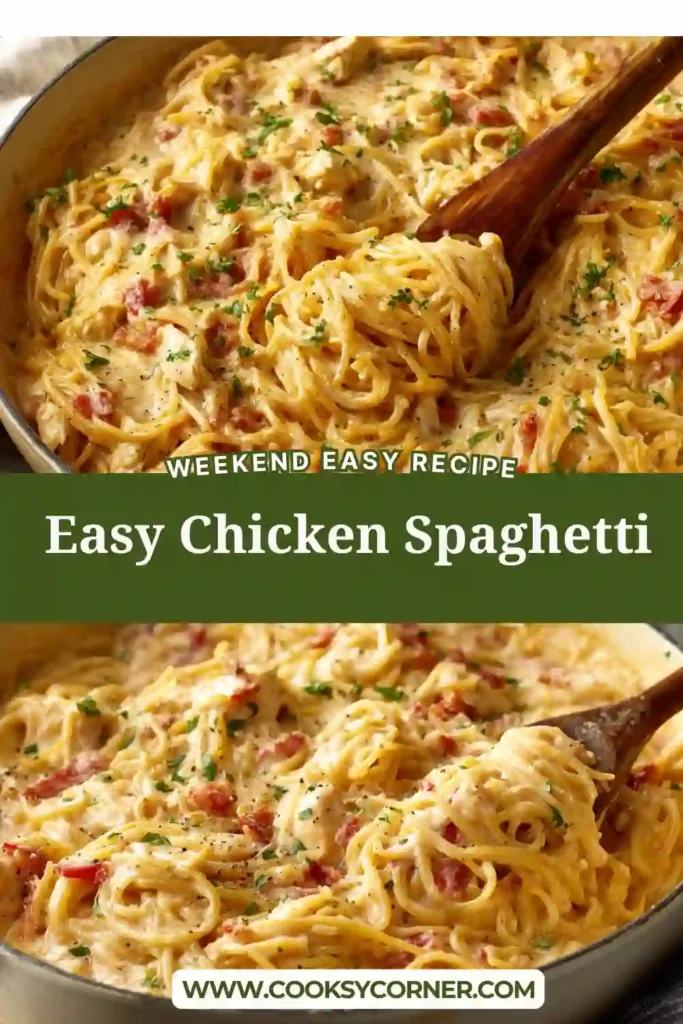 Close-up of creamy baked Chicken Spaghetti topped with melted cheese and herbs. This comforting pasta casserole is perfect for weeknight dinners.