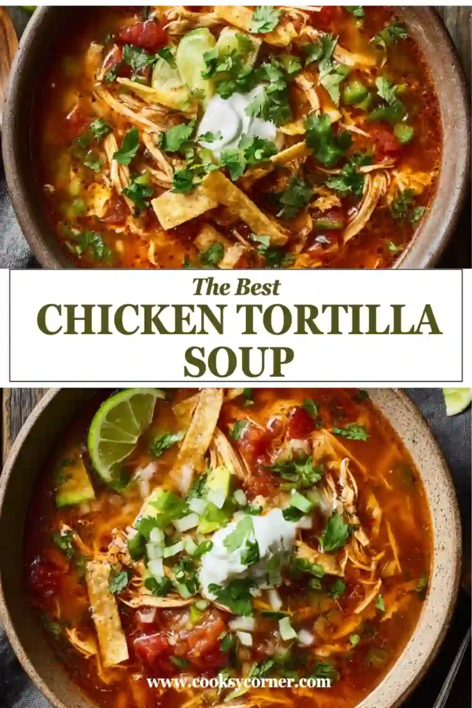 Easy chicken tortilla soup served with crunchy fried tortillas, lime wedges, and melted cheese. The flavorful Mexican-inspired soup is filled with shredded chicken, tomatoes, and sweet corn.