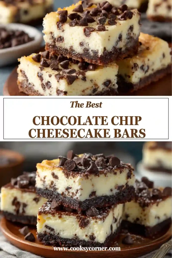 Close-up of creamy cheesecake bars topped with mini chocolate chips and golden cookie crust. A homemade baked dessert perfect for parties and holidays.