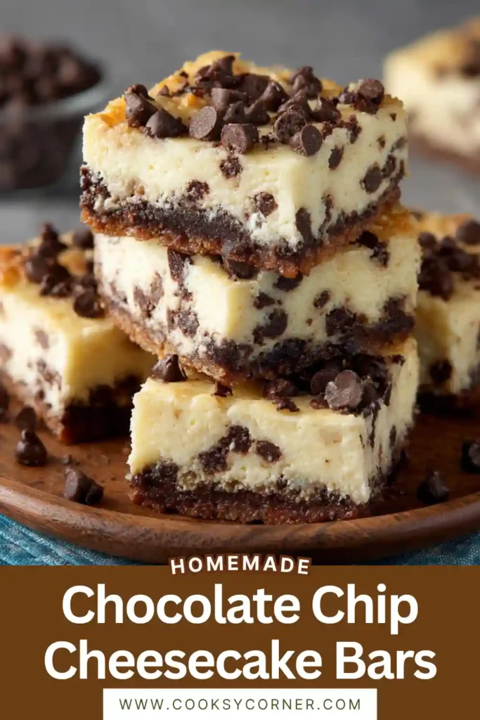 Stacked Chocolate Chip Cheesecake Bars with smooth cheesecake texture and buttery crust on a serving tray. Rich dessert bars with chocolate chips in every bite.