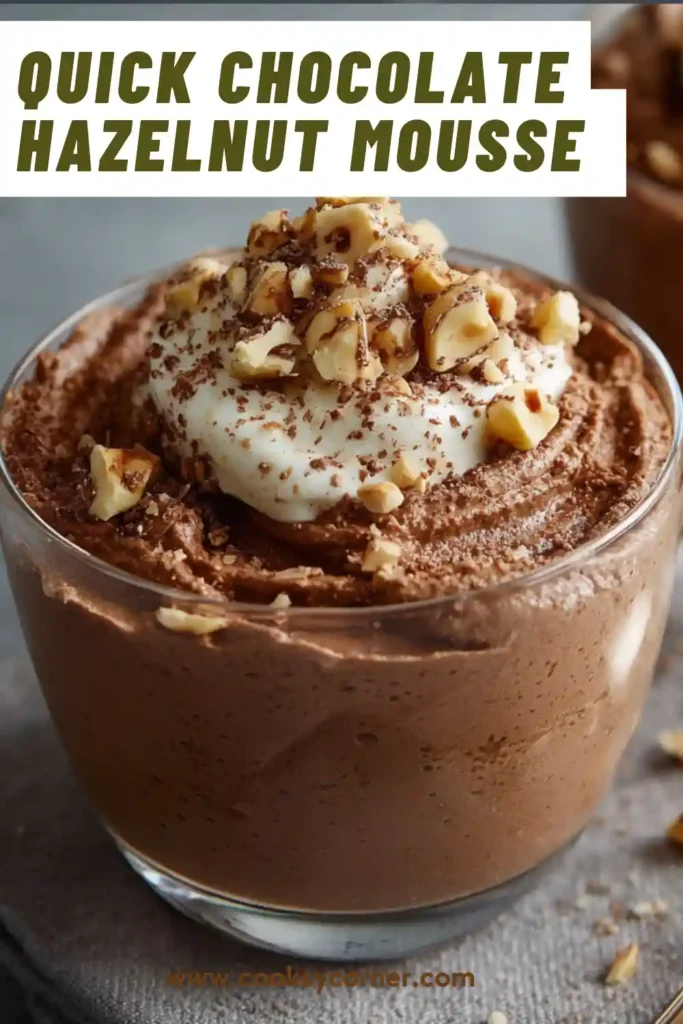 Close-up of fluffy chocolate hazelnut mousse showing its light and creamy consistency. Garnished with nuts and cream.