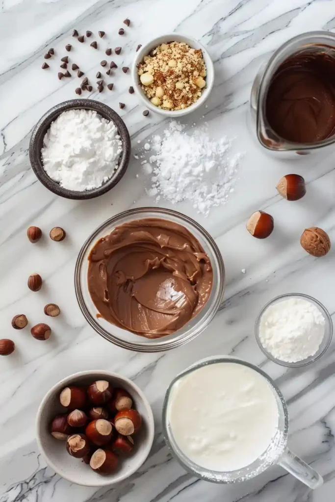 Homemade chocolate hazelnut mousse in ramekins, decorated with whipped cream and a sprinkle of cocoa powder.