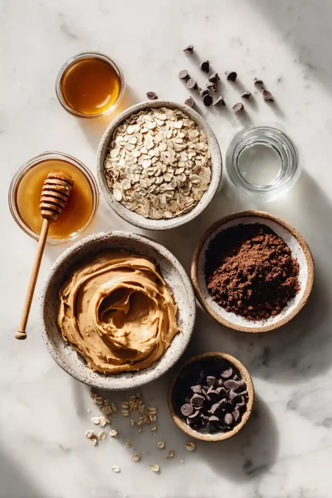 Chocolate Peanut Butter Protein Balls served on parchment paper with peanut butter nearby.