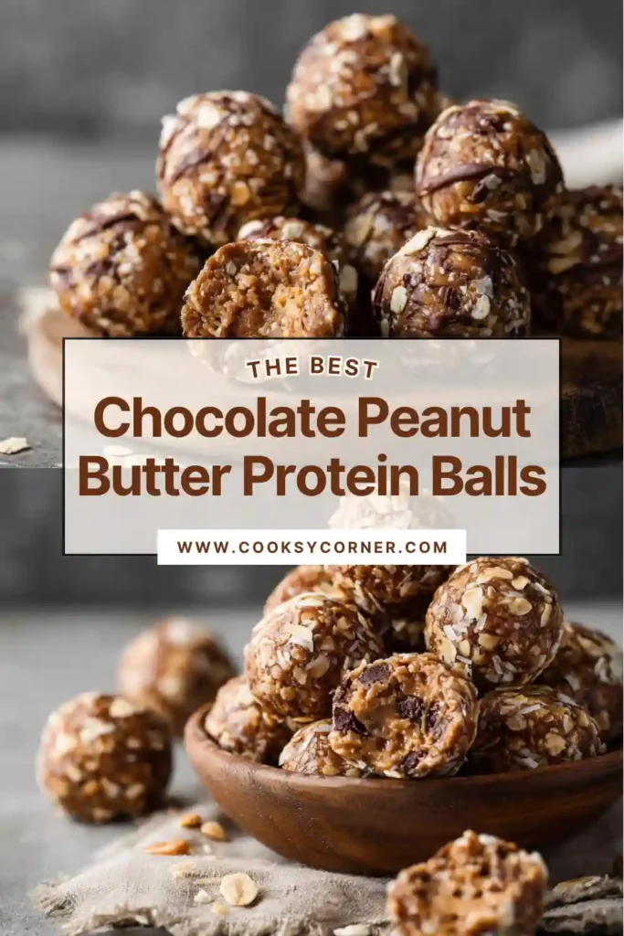 Chocolate Peanut Butter Protein Balls made with oats, peanut butter, and chocolate chips arranged on a serving plate.