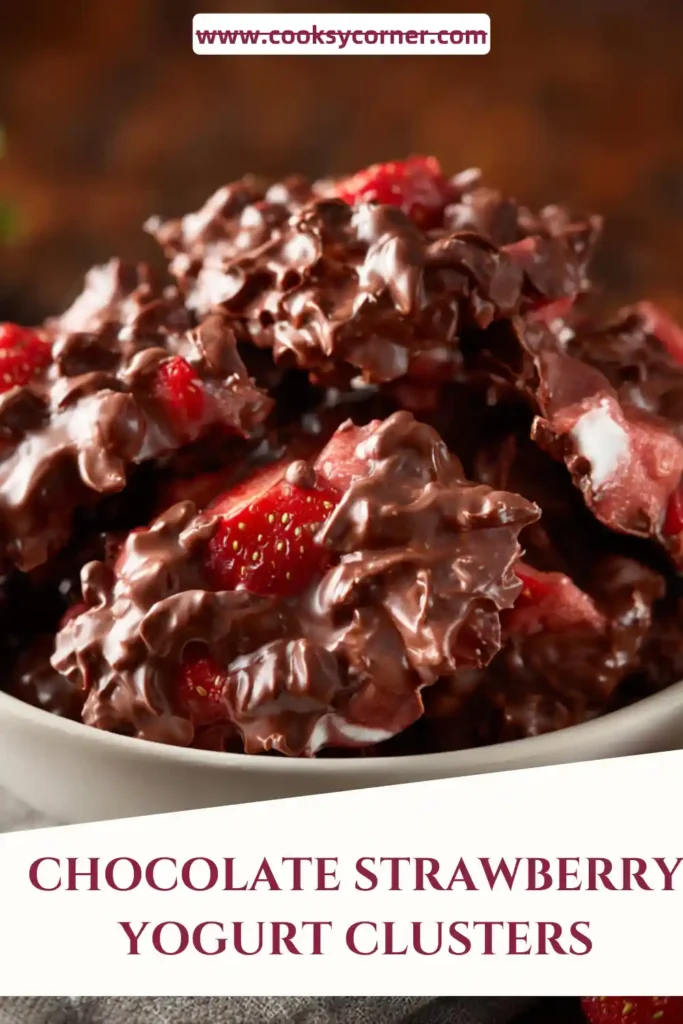 Chocolate Strawberry Yogurt Clusters coated in rich melted chocolate and served frozen on parchment paper. These creamy Greek yogurt bites are filled with fresh strawberries.