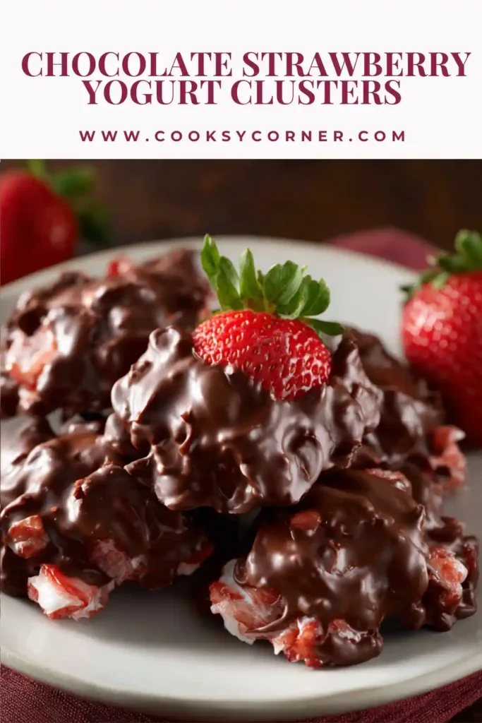 Close-up of homemade Chocolate Strawberry Yogurt Clusters made with strawberries, Greek yogurt, and semi-sweet chocolate. A delicious frozen snack for summer.