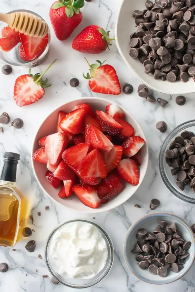 Chocolate-covered strawberry yogurt clusters arranged on a tray with flaky sea salt. These frozen yogurt bites are creamy, fruity, and crunchy.