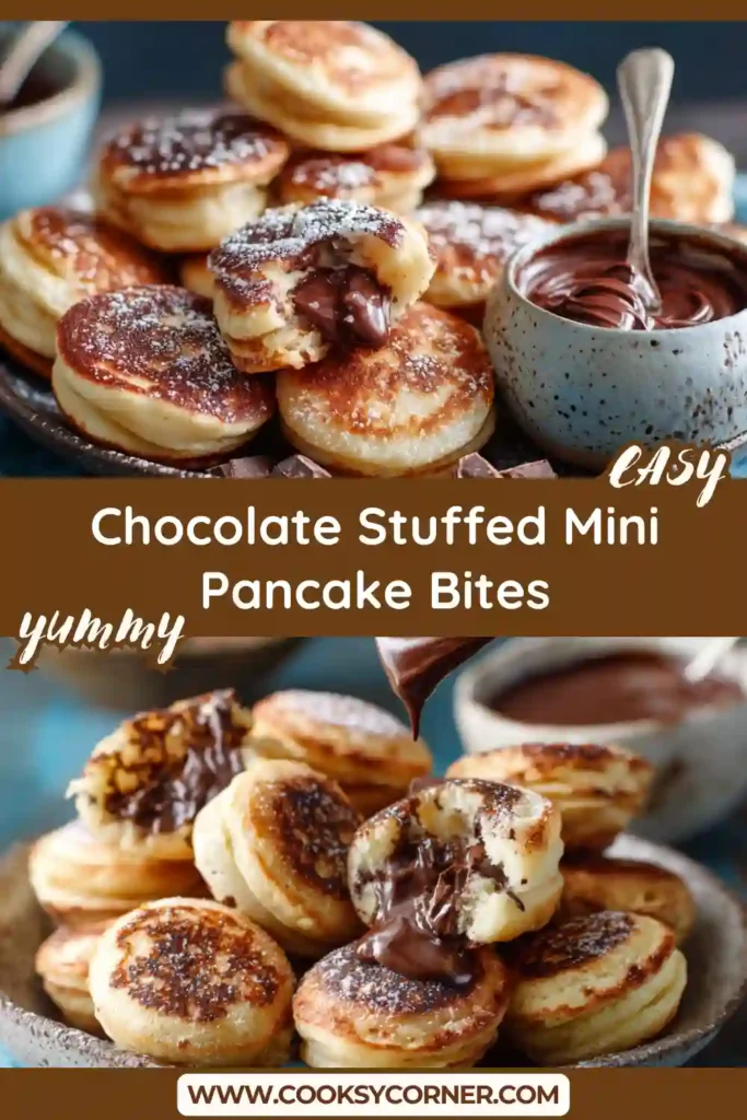 Close-up of soft Chocolate Stuffed Mini Pancake Bites filled with creamy chocolate spread. A delicious easy pancake recipe for brunch and family breakfasts.