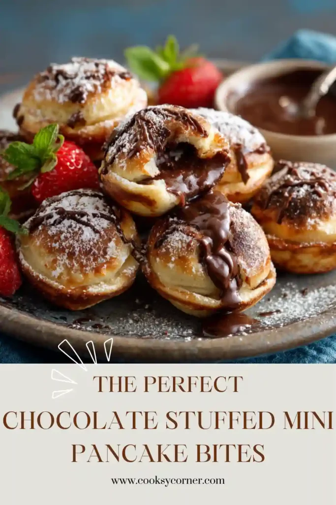 Freshly cooked Chocolate Stuffed Mini Pancake Bites served warm with melted chocolate filling. These fluffy mini pancake bites are golden brown and perfect for breakfast or snacks.