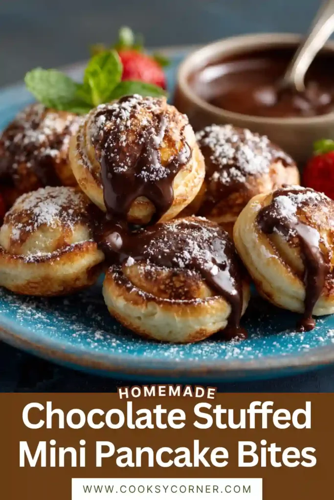 Golden mini pancake bites stuffed with rich chocolate spread and served on a plate. These bite-sized pancakes are fluffy, sweet, and easy to make.