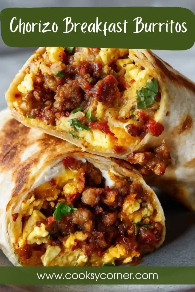 Golden Chorizo Breakfast Burritos filled with beef chorizo, scrambled eggs, crispy hash browns, and melted cheese on a serving plate. This hearty breakfast burrito recipe is perfect for brunch or meal prep.