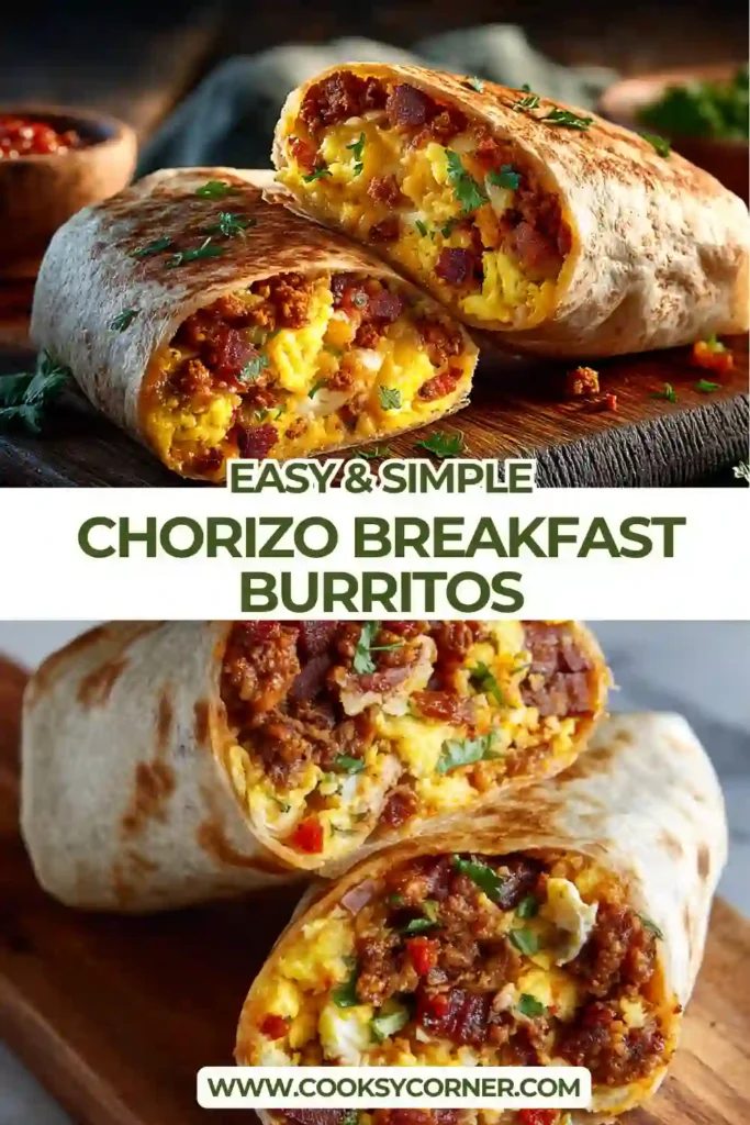 Close-up of cheesy Chorizo Breakfast Burritos with crispy tortillas and flavorful beef chorizo filling. These easy breakfast burritos are warm, savory, and satisfying.