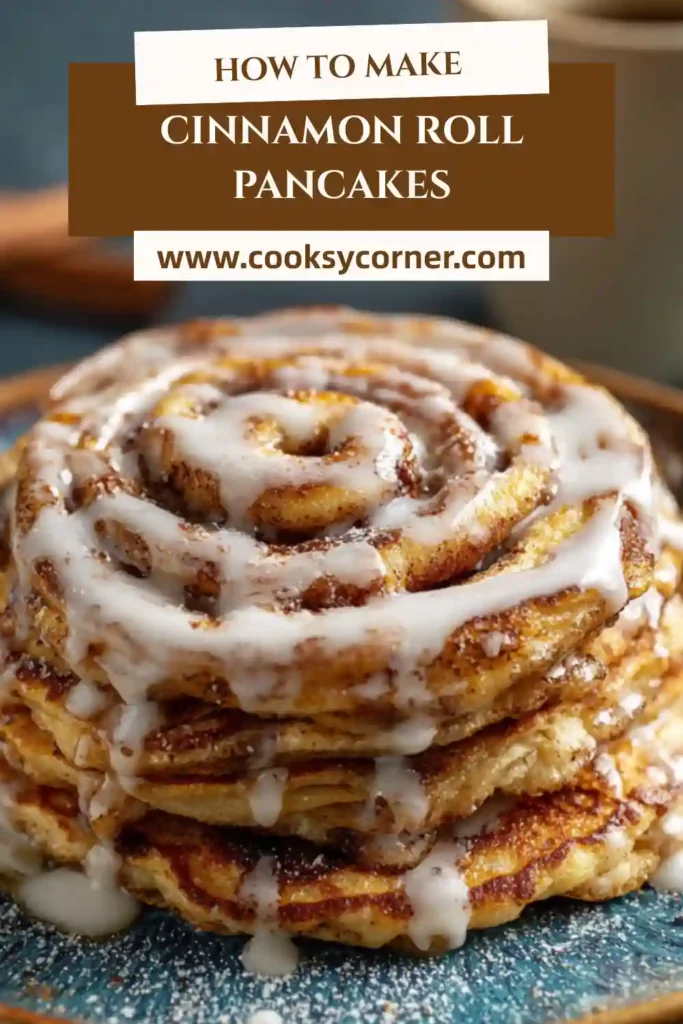 Close-up of soft Cinnamon Roll Pancakes layered with sweet cinnamon filling and creamy glaze. The warm pancakes have a golden texture and bakery-style appearance.