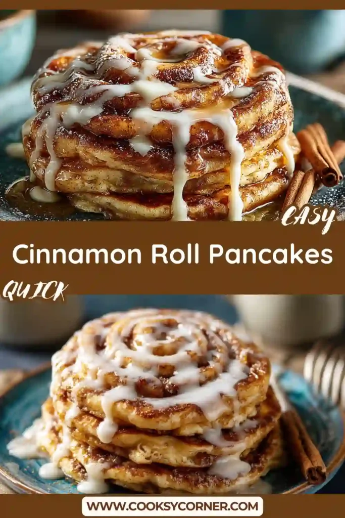 Homemade Cinnamon Roll Pancakes with rich cinnamon sugar swirls and smooth cream cheese icing on top. These fluffy pancakes are perfect for brunch or weekend breakfast.