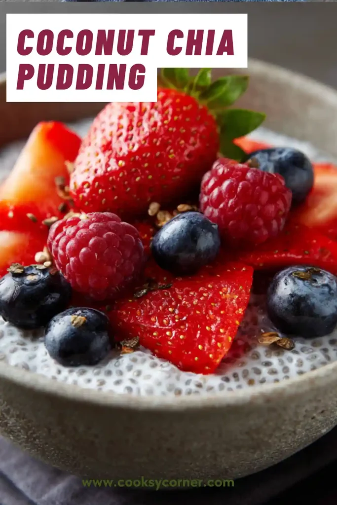 Healthy Coconut Chia Pudding made with coconut milk and chia seeds, served with mixed fresh berries. A gluten-free breakfast option with a creamy texture.