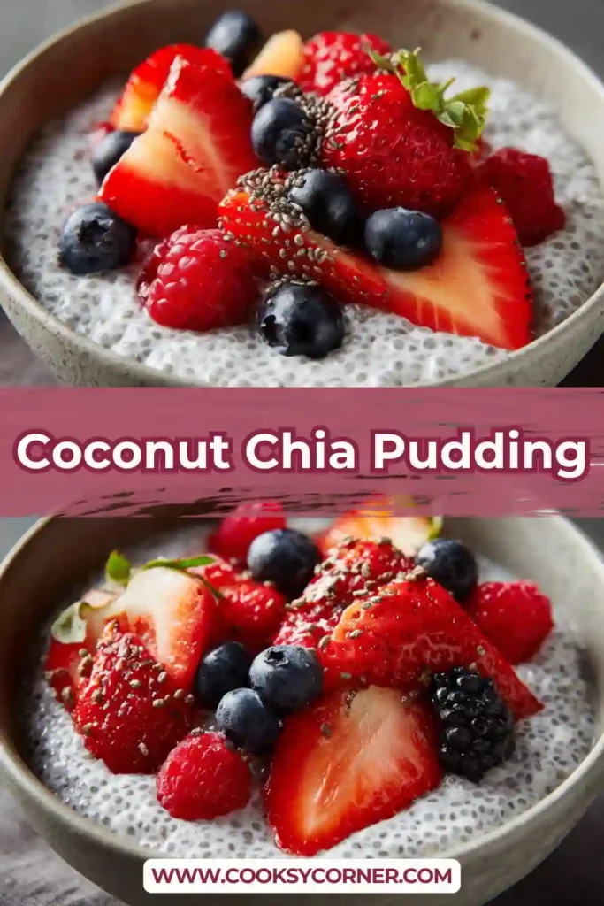 Creamy overnight Coconut Chia Pudding in a serving bowl topped with colorful fresh fruit. This dairy-free chia pudding is perfect for breakfast or dessert.