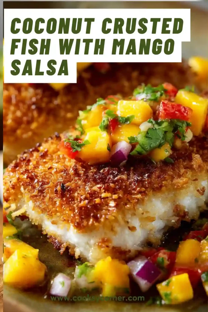 Golden brown coconut panko fish fillets paired with sweet and tangy mango salsa. This easy baked fish recipe is fresh, crispy, and family-friendly.