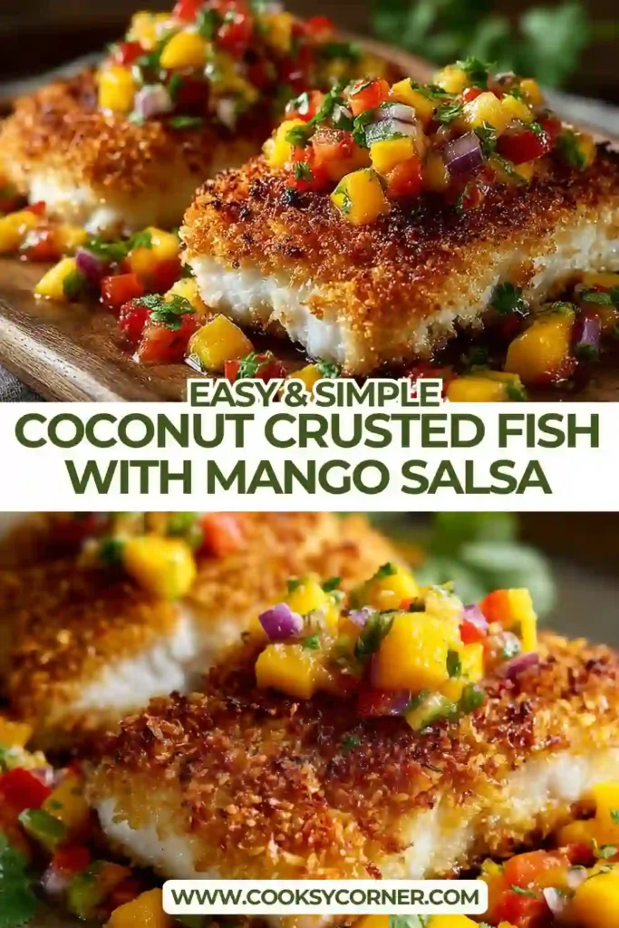 Baked coconut crusted fish topped with homemade mango salsa featuring diced mango, red onion, cilantro, and lime. A healthy tropical seafood dinner with vibrant colors.