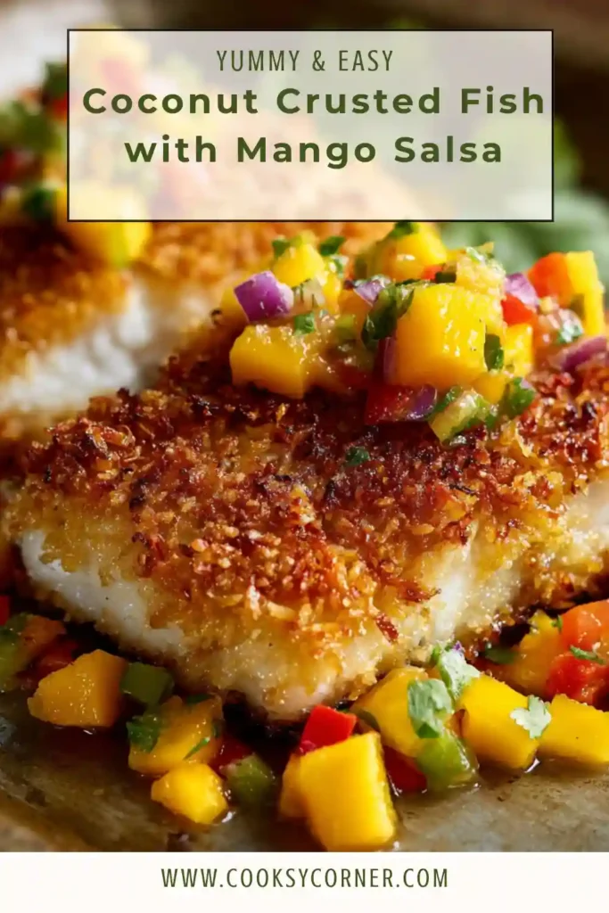 Crispy coconut crusted white fish served with fresh mango salsa on a white plate. The baked fish has a golden coconut panko coating and tropical garnish.