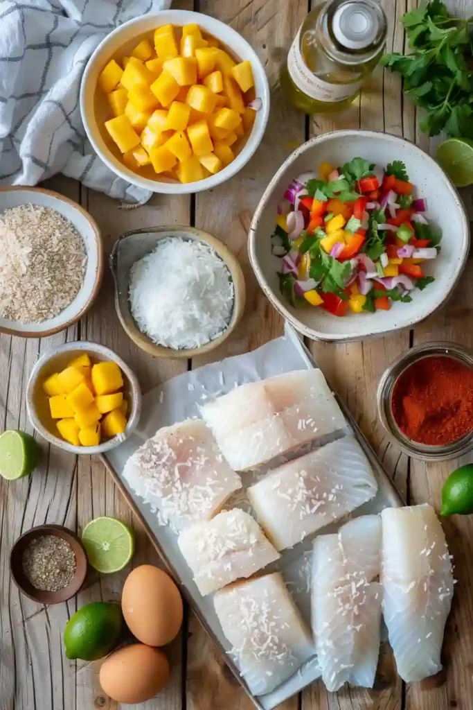 Oven baked coconut crusted cod served alongside tropical mango salsa with cilantro and lime. A flavorful seafood dish perfect for healthy weeknight dinners.