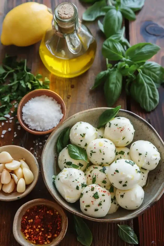 Italian-style Marinated Mozzarella Balls soaking in olive oil with fresh basil and lemon. A quick and easy appetizer recipe for parties and gatherings.