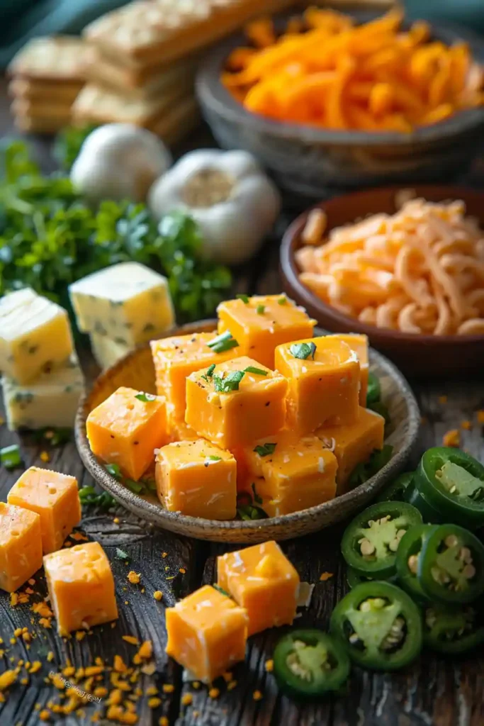 Freshly made pimento cheese spread in a rustic bowl with crackers and vegetables on the side. A creamy Southern cheese dip perfect for entertaining and snacking.