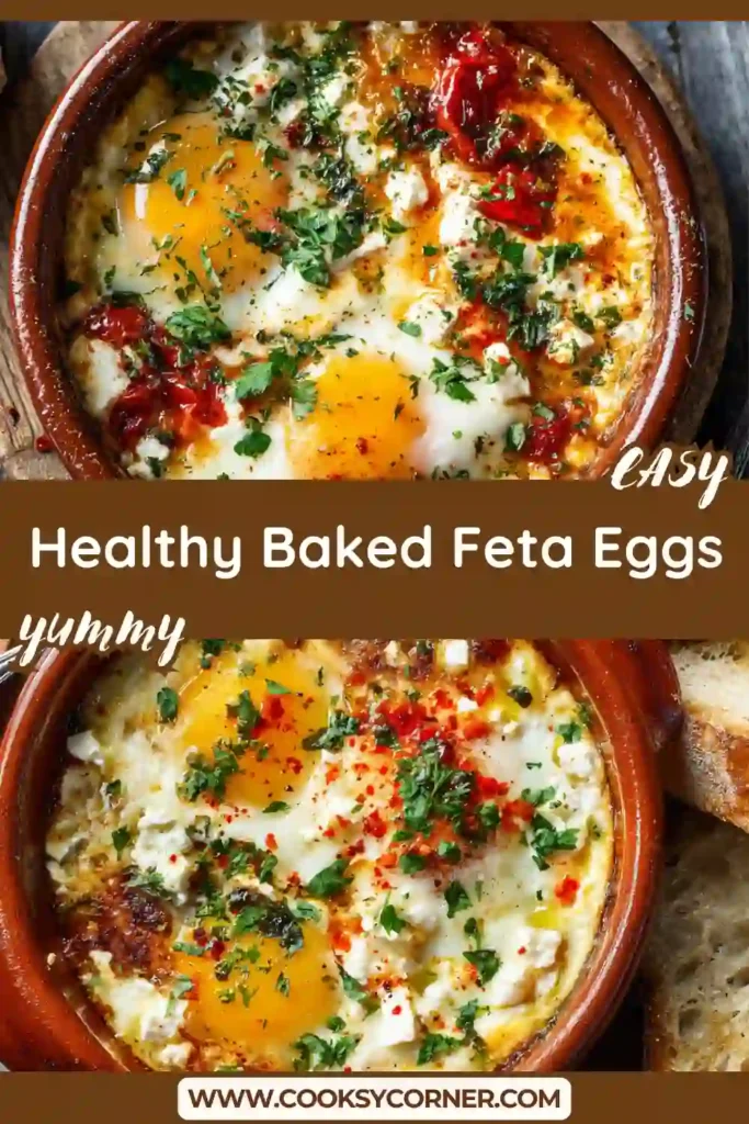 Close-up of baked eggs with feta cheese, spinach, and roasted tomatoes in a rustic baking dish. The colorful Mediterranean-inspired breakfast looks warm and comforting.