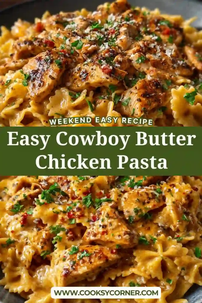 Close-up of Cowboy Butter Chicken Pasta garnished with parsley and red pepper flakes. The creamy buttery sauce perfectly coats the pasta and chicken.