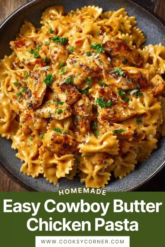 Creamy chicken pasta with cowboy butter sauce served in a white bowl. This comforting dinner recipe features Parmesan cheese, herbs, and smoky spices.