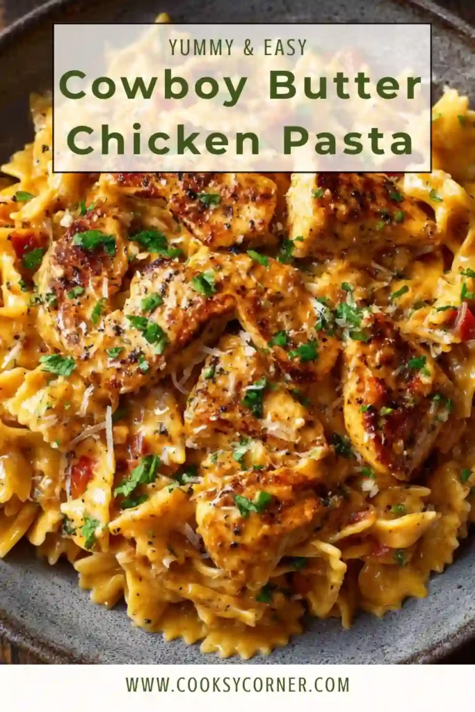 A bowl of creamy Cowboy Butter Chicken Pasta topped with Parmesan cheese and parsley. The penne pasta is coated in a rich buttery sauce with tender chicken pieces.