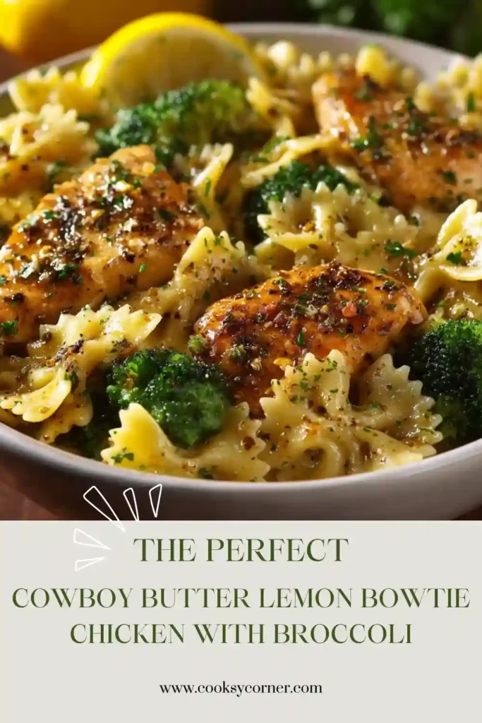 Freshly prepared bowtie chicken pasta tossed with broccoli and a tangy lemon butter sauce. The dish is colorful, hearty, and perfect for weeknight dinners.
