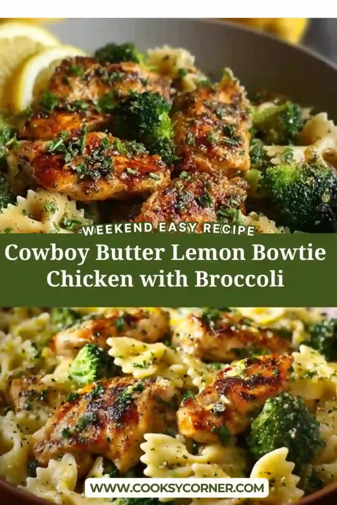 Homemade Cowboy Butter Lemon Bowtie Chicken with Broccoli served warm with grated Parmesan and fresh herbs. This easy chicken pasta dinner is vibrant and satisfying.