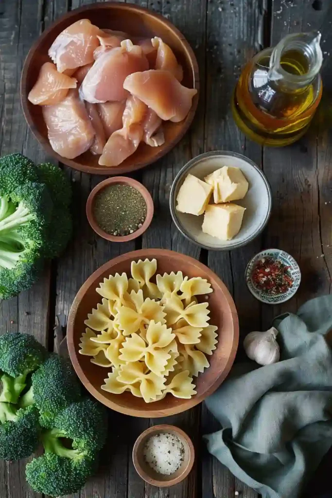 A bowl of Cowboy Butter Lemon Bowtie Chicken with Broccoli featuring golden chicken, tender broccoli, and farfalle pasta coated in a buttery lemon garlic sauce. Fresh parsley and Parmesan finish the dish beautifully.