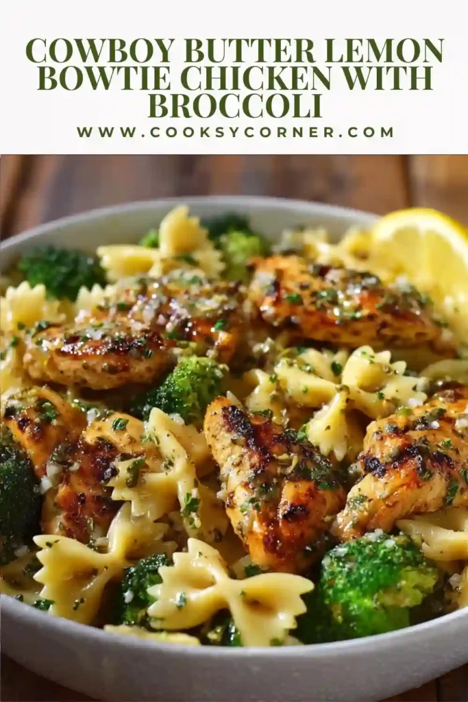 Close-up view of lemon chicken pasta with bowtie noodles, broccoli florets, and juicy seasoned chicken. The rich cowboy butter sauce creates a flavorful and comforting meal.