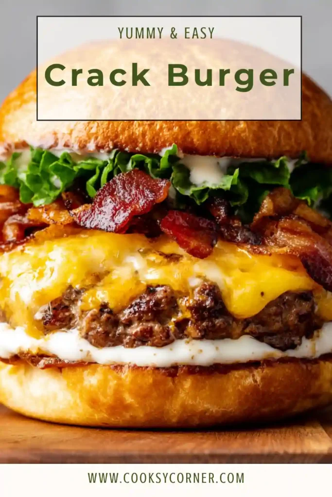 A crispy Crack Burger Recipe served on toasted brioche buns with melted cheddar cheese, lettuce, tomato, and creamy ranch burger sauce. The smash burger patties have golden crispy edges and juicy centers.