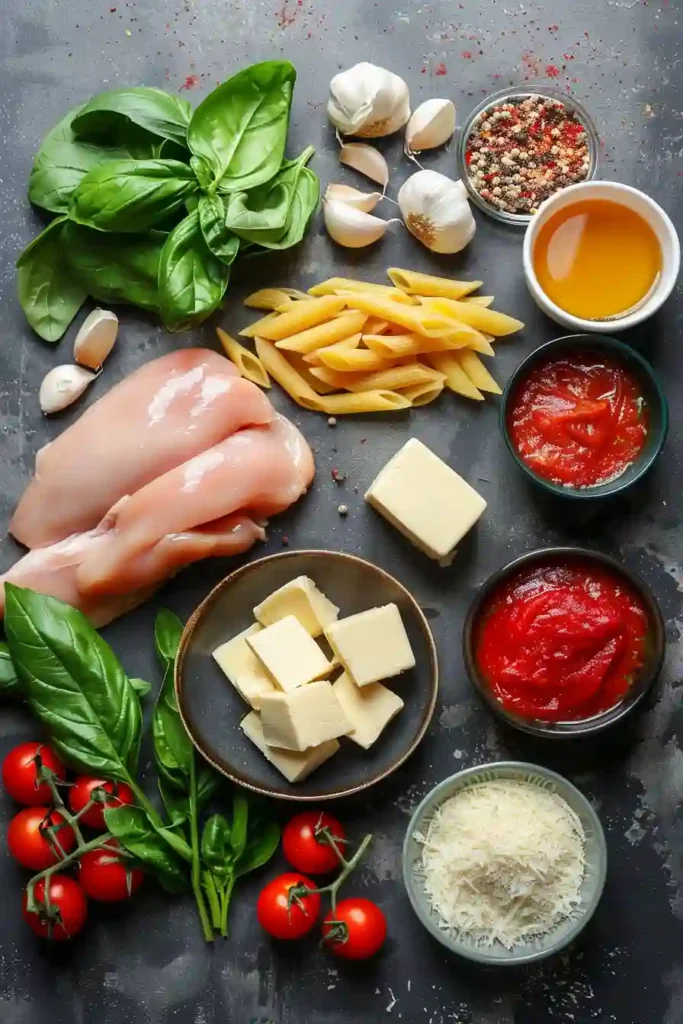Freshly cooked creamy chicken and tomato pasta garnished with basil leaves