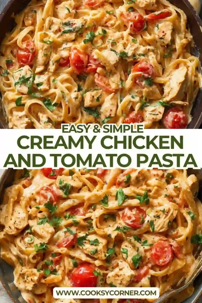 One pan creamy chicken pasta with spinach and cherry tomatoes in a thick sauce