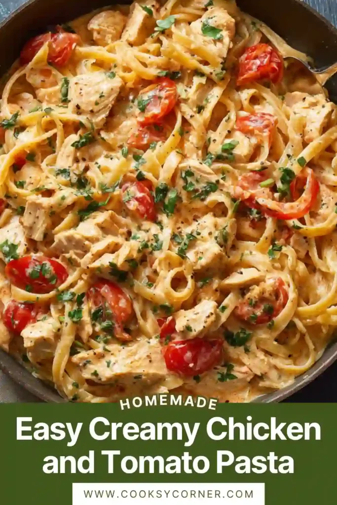 Creamy chicken and tomato pasta served in a bowl with fresh basil and parmesan on top, rich and comforting meal