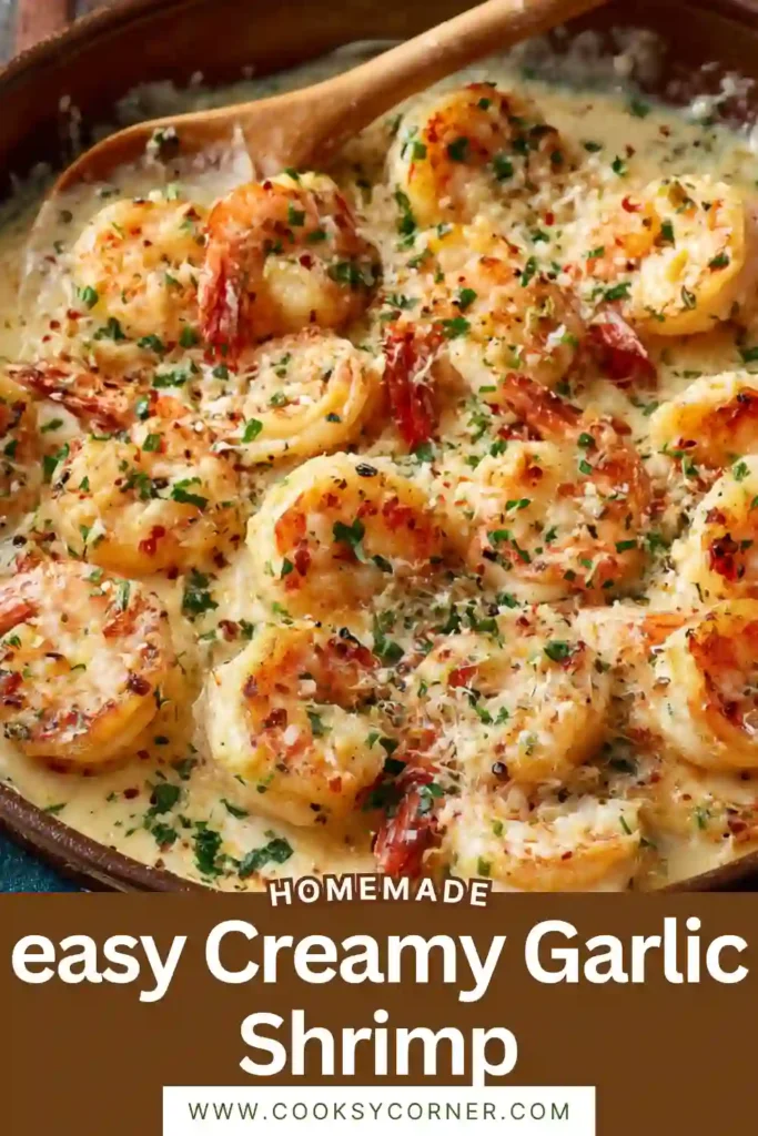 Juicy shrimp cooked in creamy garlic sauce with herbs and melted cheese in a cast iron skillet. A comforting homemade shrimp recipe for weeknight dinners.