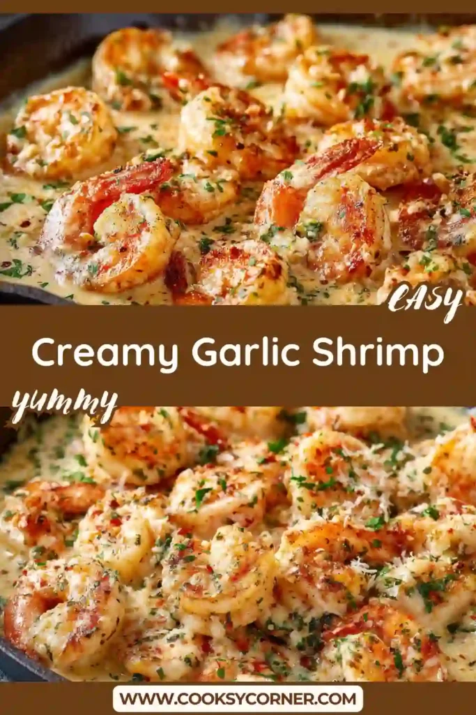 A skillet filled with creamy garlic shrimp in a rich cheesy sauce garnished with fresh parsley. This easy seafood dinner is perfect served with pasta or rice.