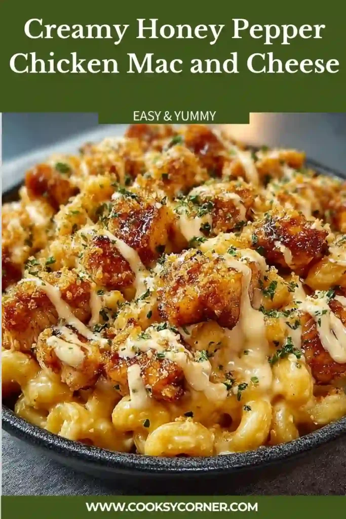 Cheesy chicken macaroni pasta with creamy sauce and honey pepper glazed chicken in a rustic serving bowl. This hearty comfort food meal is perfect for family dinners.