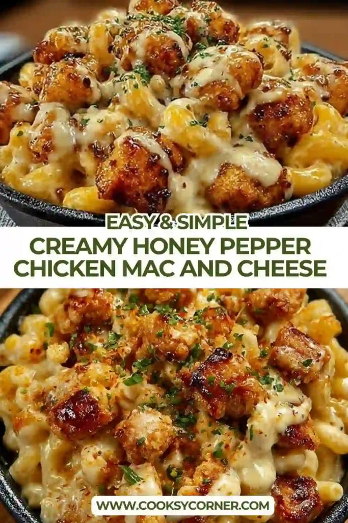 Creamy honey pepper chicken mac and cheese served warm with melted cheddar and mozzarella cheese. Golden chicken bites are coated in a sweet and peppery honey glaze.