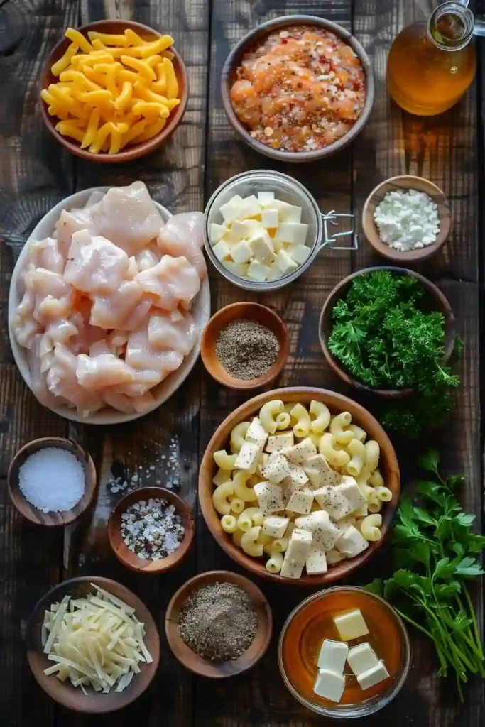 Homemade creamy honey pepper chicken mac and cheese garnished with parsley and black pepper. Rich cheese sauce and tender chicken create a flavorful pasta dish.