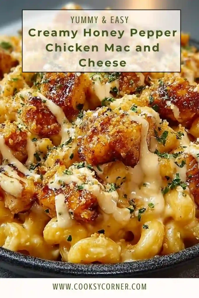 A bowl of creamy honey pepper chicken mac and cheese topped with tender glazed chicken pieces and fresh parsley. The rich cheese sauce coats every piece of pasta for a comforting dinner recipe.