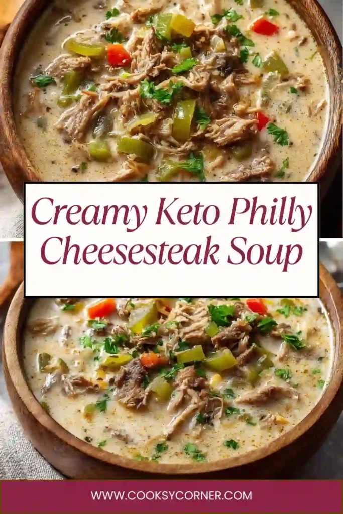A bowl of Creamy Keto Philly Cheesesteak Soup topped with melted provolone cheese and sautéed peppers. This low carb soup is rich, creamy, and loaded with savory beef flavor.