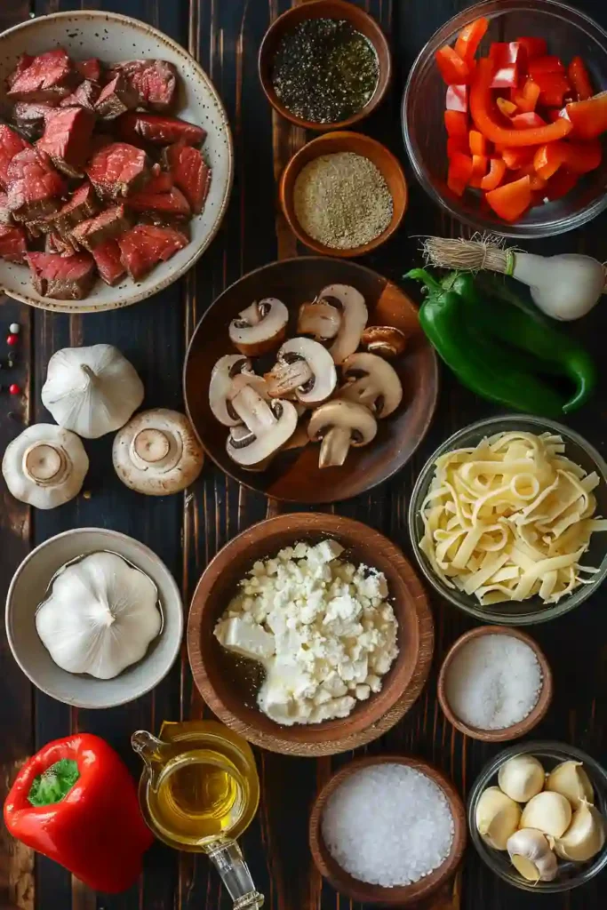 Rich and cheesy Creamy Keto Philly Cheesesteak Soup in a rustic bowl garnished with peppers and mushrooms. A cozy keto-friendly comfort meal for cold evenings.